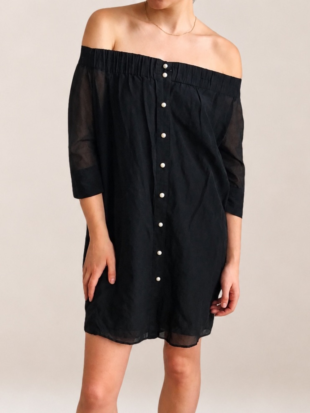 Antipodium Black Sheer Off the Shoulder 3/4 Sleeve Pearl Button Mini Dress Small